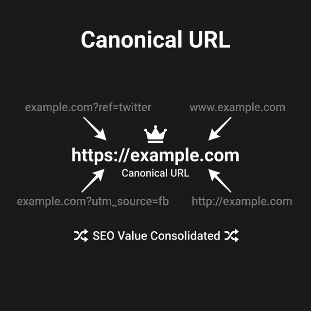 Canonical URL 작동 원리 - 중복 콘텐츠 문제와 canonical 태그 해결 과정을 보여주는 인포그래픽
