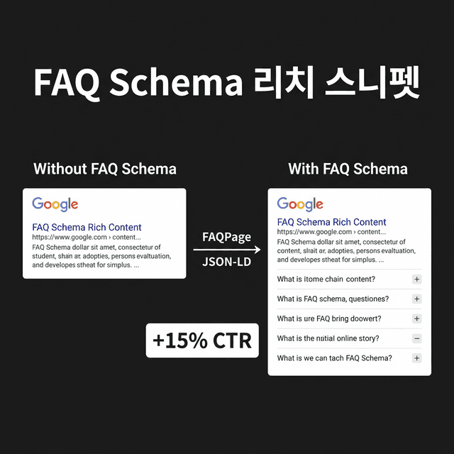 FAQ Schema 리치 스니펫 효과 - 적용 전후 Google 검색 결과 비교를 보여주는 인포그래픽
