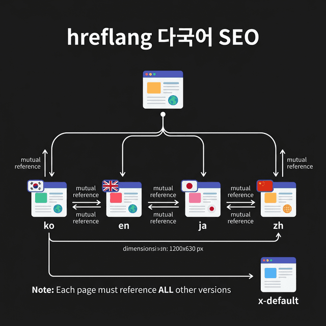 hreflang 태그 작동 원리 - 다국어 사이트에서 언어별 올바른 페이지를 표시하는 과정을 보여주는 인포그래픽