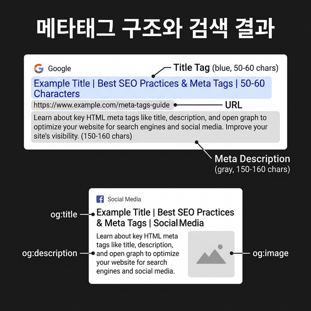 메타태그 작동 원리 - 검색엔진이 메타태그를 읽고 검색 결과에 표시하는 과정을 보여주는 인포그래픽
