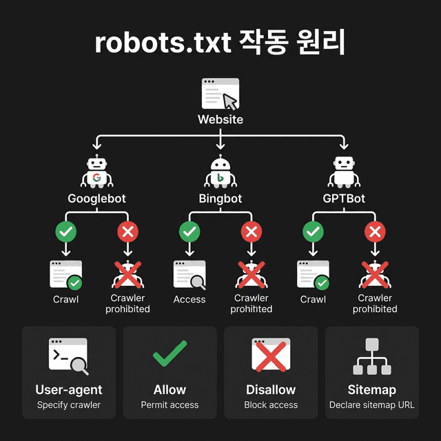 robots.txt 작동 원리 - 검색엔진 크롤러가 robots.txt를 읽고 허용/차단 경로를 판단하는 과정을 보여주는 인포그래픽