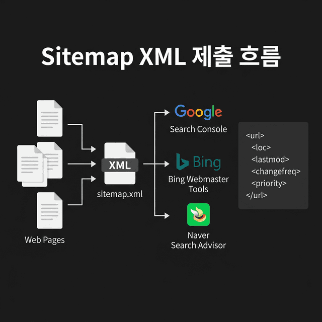 Sitemap XML 작동 원리 - 검색엔진이 사이트맵을 통해 페이지를 발견하는 과정을 보여주는 인포그래픽